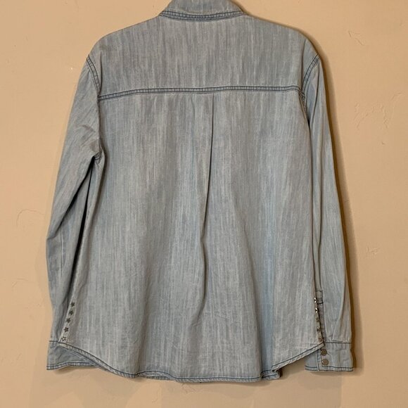 POL Women's Plaid Pocket Long Sleeve Snap Boho Western Denim Top Size S Blue - Picture 3 of 10